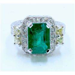 Y.DIAMOND 0.56CT / EMERALD 2.76CT, 14K W/G RING 6.54GRAM / DIAMOND RD 0.58CT