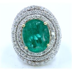 EMERALD OVAL 8.68CT, 14K W/Y/G RING 17.55GM / DIAMOND 3.68CT