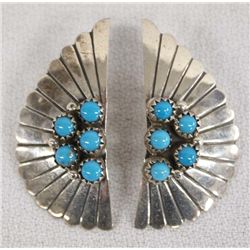 Navajo Sterling Turquoise Fan Shaped Earrings