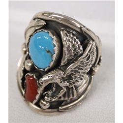 Navajo Sterling Turquoise Eagle Ring by E. Hoskey