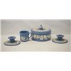 Image 2 : Blue Wedgewood Candlesticks, Powder Box & Cup