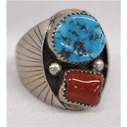 Navajo Silver Turquoise Coral Ring, Size 12.25