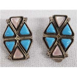 Zuni Sterling Overlay Turquoise Clip-On Earrings