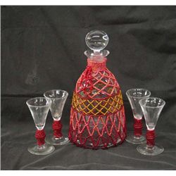 Hand Beaded Decanter and 4 Cordial Glasses