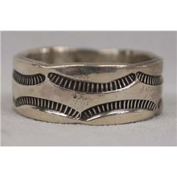 Navajo Sterling Silver Stamped Band, Size 14.5