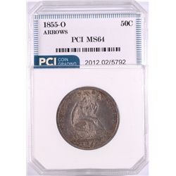 1855-O ARROWS SEATED HALF DOLLAR, PCI MS-64, BEAUTIFUL COLOR, NEVER CLEANED!