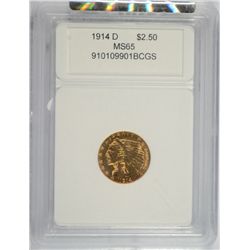 1914-D $2.50 GOLD INDIAN HEAD, BCGS MS-65 CLEANED AT SOME POINT