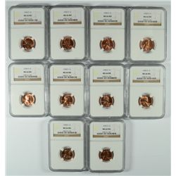 LOT OF ( 10 ) 1958-D LINCOLN CENTS, NGC MS-66 RED