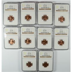 LOT OF ( 10 ) 1954-D LINCOLN CENTS, NGC MS-66 RED