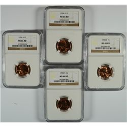 2 1954-S, & 2 55-S LINCOLN CENTS NGC MS-66 RD