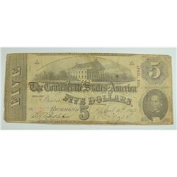 1863 $5 CONFEDERATE STATES OF AMERICA NOTE