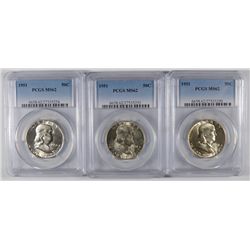 ( 3 ) 1951 FRANKLIN HALF DOLLARS, PCGS MS-62