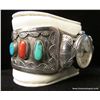 Image 11 : Sterling Watch Cuff w/Turquoise & Coral Stones