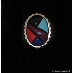 Mexican Sterling Silver Oval Mosaic Inlay Ring