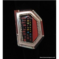 rn Elongated Hexagon Coral, Opal ,Jet and Sterling  Inlay Ring