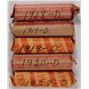 Image 1 : 5 ROLLS OF EARLY WHEAT CENTS "D" MINT MARKS 1918-D,1919-D,1919-D,1920-D,1928-D