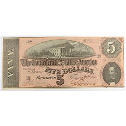 1864 $5 CONFEDERATE STATES OF AMERICA NOTE XF/AU