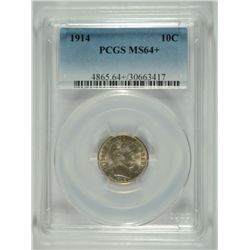1914 BARBER DIME, PCGS MS-64+