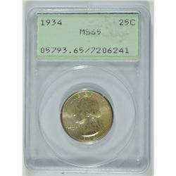 1934 WASHINGTON QUARTER, PCGS MS-65 "RATTLER HOLDER"  NICE!