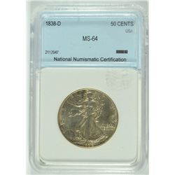 1938-D WALKING LIBERTY HALF DOLLAR, NNC MS-64 TOUGH! (HOLDER SAYS 1838-D)