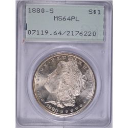 1880-S MORGAN SILVER DOLLAR, PCGS MS64 PL   RATTLER HOLDER 