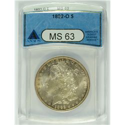 1892-O MORGAN SILVER DOLLAR, ANACS MS-63 TOUGH THIS NICE