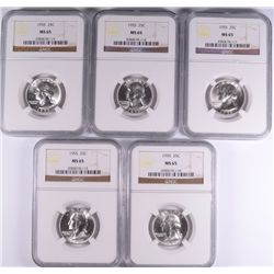 LOT OF ( 5 ) 1955 WASHINGTON QUARTERS, NGC MS-65