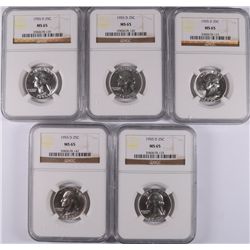 LOT OF ( 5 ) 1955-D WASHINGTON QUARTERS, NGC MS-65