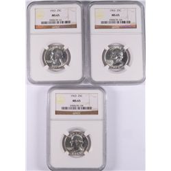 LOT OF ( 3 ) 1963 WASHINGTON QUARTER,S, NGC MS-65