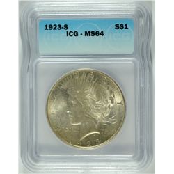 1923-S PEACE SILVER DOLLAR, ICG MS- 64  TOUGH!