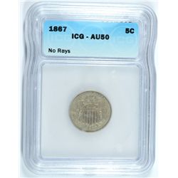 1867 (NO RAYS) SHIELD NICKEL ICG AU-50