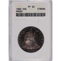 1882 PROOF SEATED HALF DOLLAR ANACS PF-62 (NICE TONING)