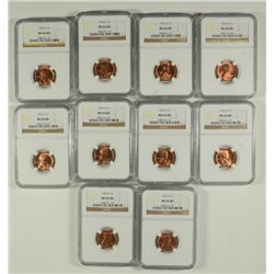 LOT OF ( 10 ) 1952-D LINCOLN CENTS, NGC MS-66 RED