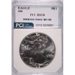 1989 AMERICAN SILVER EAGLE, PCI MS-70  RARE  TRENDS PRICE $1600.00