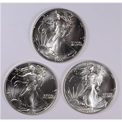 LOT OF ( 3 ) GEM BU 1989 AMERICAN SILVER EAGLES, TOUGH DATE, NICE COINS!