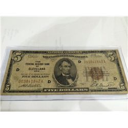 1929 $5 Federal Reserve Bank of Cleveland National Currency