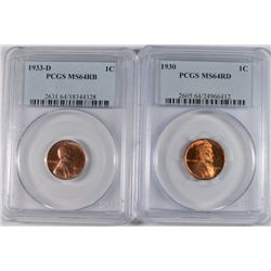 LOT OF ( 2 ) LINCOLN CENTS: 1930 PCGS MS-64 RED & 1933-D MS-64 RB
