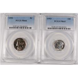 1953 JEFFERSON NICKEL, PCGS PROOF-66 AND 1953 ROOSEVELT DIME PCGS PROOF-65