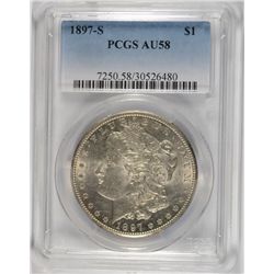 1897-S MORGAN SILVER DOLLAR, PCGS AU-58
