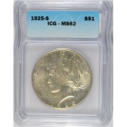 1925-S PEACE SILVER DOLLAR, ICG MS-62