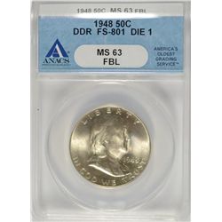 1948 FRANKLKIN HALF DOLLAR, DOUBLED DIE REVERSE FS-801 DIE-1, ANACS MS-63 FBL