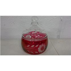 Ruby Etched Glass Covered Jar (4.5" high, 3.5" diameter)