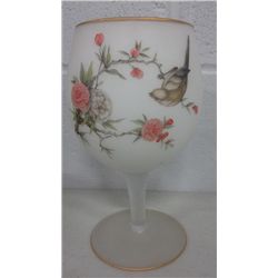 Satin Glass Bird and Flower Motif Stemmed Bowl (8.75" high)