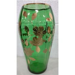 Antique Green Glass Vase With Gold Floral Overlay (10  high)