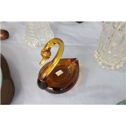 Hand Blown Amber Art Glass Swan