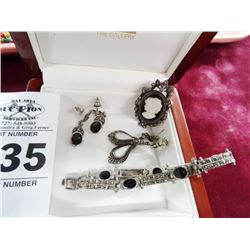 Estate Sterling, Marcacite, Onyx  Bracelet/Earrings & Pin Lot