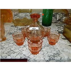DEPRESSION GLASS - ROSE GLASS - DECANTER & GLASSES - 6 PC TTL