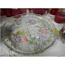 DEPRESSION GLASS PLATTER - CLEAR WITH COLORED FLOWERS