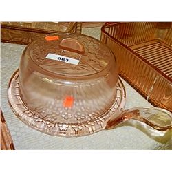 DEPRESSION GLASS - ROSE GLASS - CHEESE DISH WITH HANDLE & LID