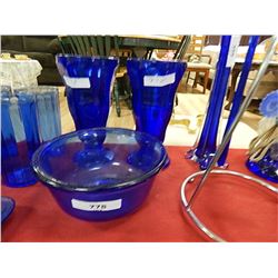 DEPRESSION GLASS - COBALT BLUE - BOWL AND 2 GLASSES